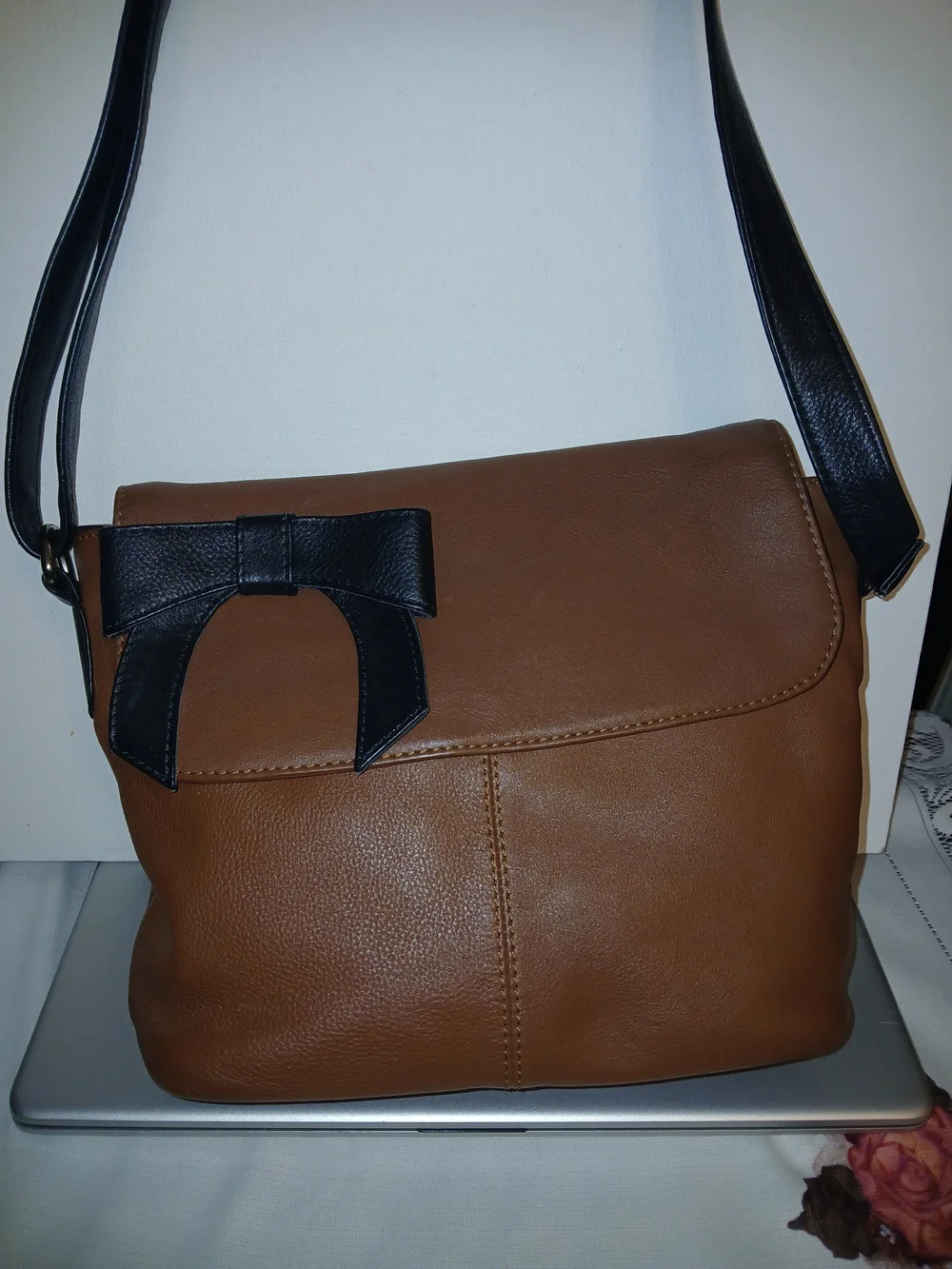 Brown Crossbody Bag with Black Bow Detail
